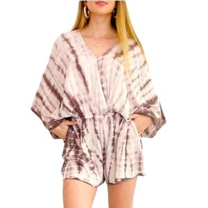 Ecru Mix Tie Dye Romper Sz M Dolman Sleeves Boho Coastal Cowgirl Festival Vacay